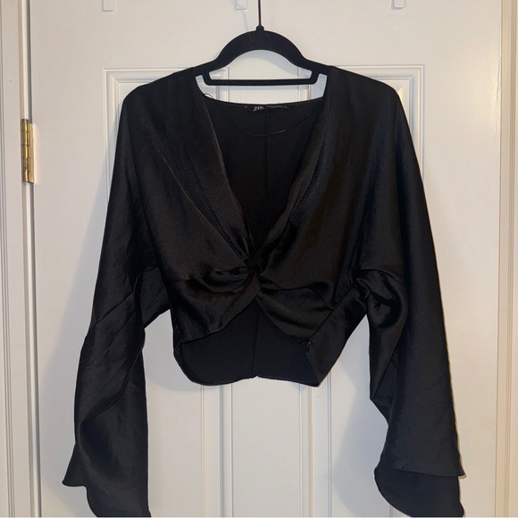 Zara Black Satin Twist-Front Crop Top - Picture 2 of 10